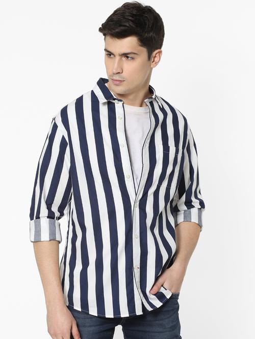 navy blue striped casual shirt - 17542479 - Very Small Image - 1