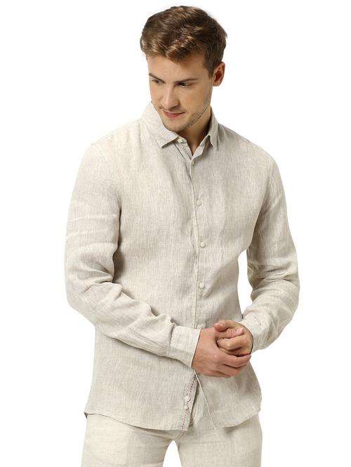 cream solid linen casual shirt - 17542541 - Very Small Image - 1