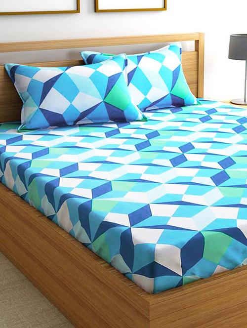 good homes triangle 144 tc cotton double bed sheet with 2 pillow covers- blue - 17543614 - Very Small Image - 1