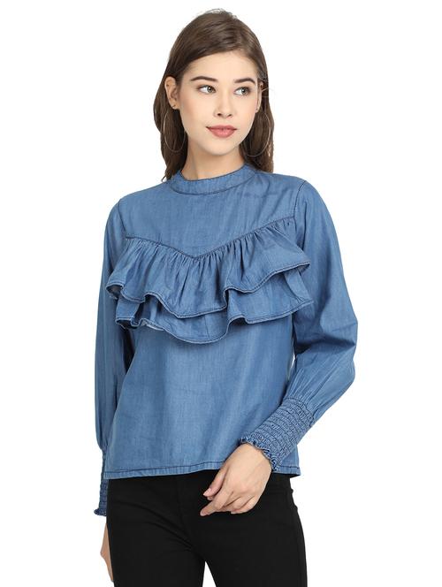 ruffle detail denim top - 17548359 - Very Small Image - 1