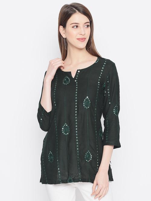 notch neck mirror work straight kurti - 17549001 - Very Small Image - 1