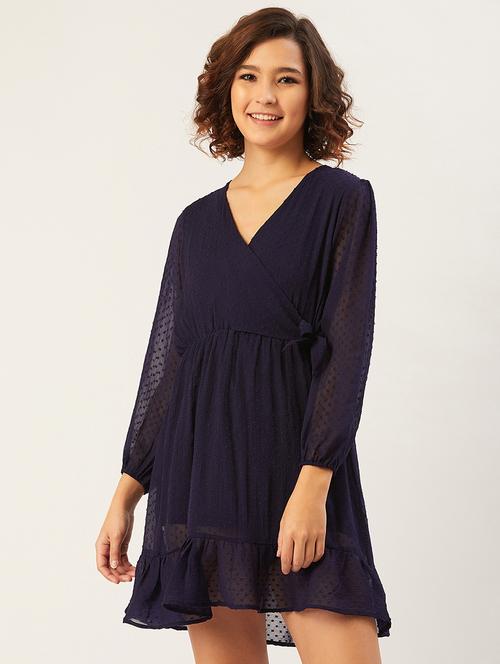 overlap neck dobby a-line dress - 17554838 - Very Small Image - 1