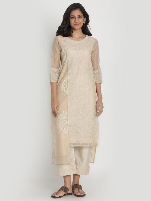 beige chanderi kurta pant  set - 17557495 - Very Small Image - 1