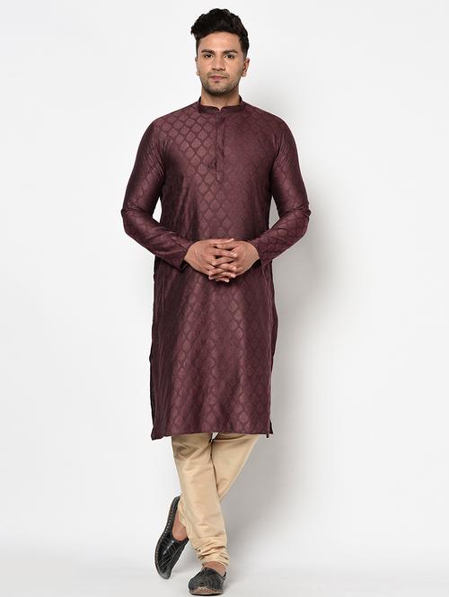 burgundy self design long kurta - 17558490 - Very Small Image - 1