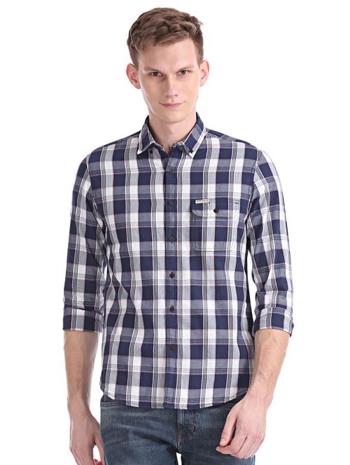 navy blue checkered casual shirt - 17560714 - Very Small Image - 1