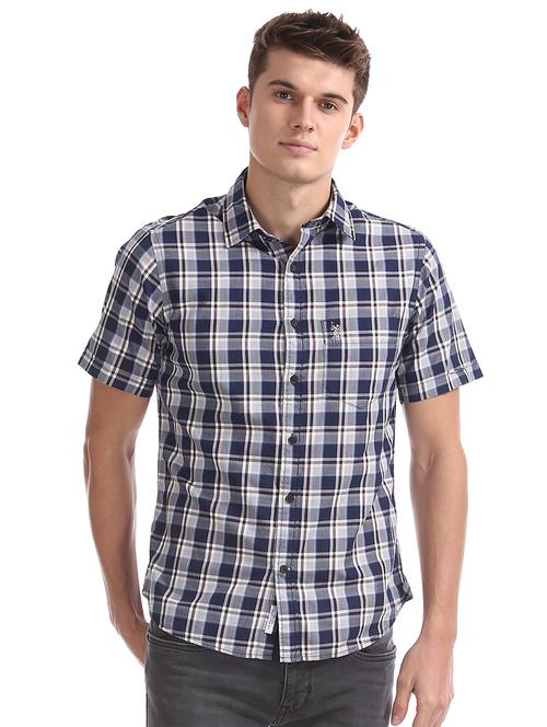navy blue checkered casual shirt - 17561280 - Very Small Image - 1