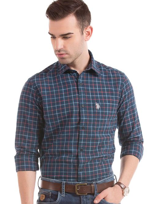 navy blue checkered casual shirt - 17561467 - Very Small Image - 1