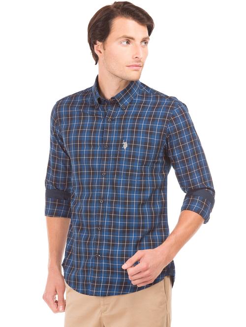 navy blue checkered casual shirt - 17561483 - Very Small Image - 1
