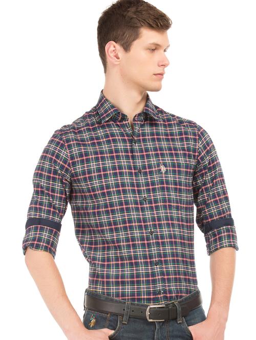 navy blue checkered casual shirt - 17561498 - Very Small Image - 1