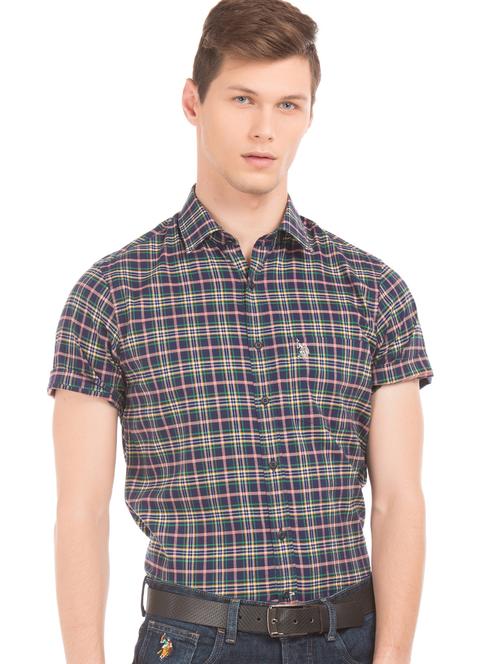 navy blue checkered casual shirt - 17561499 - Very Small Image - 1