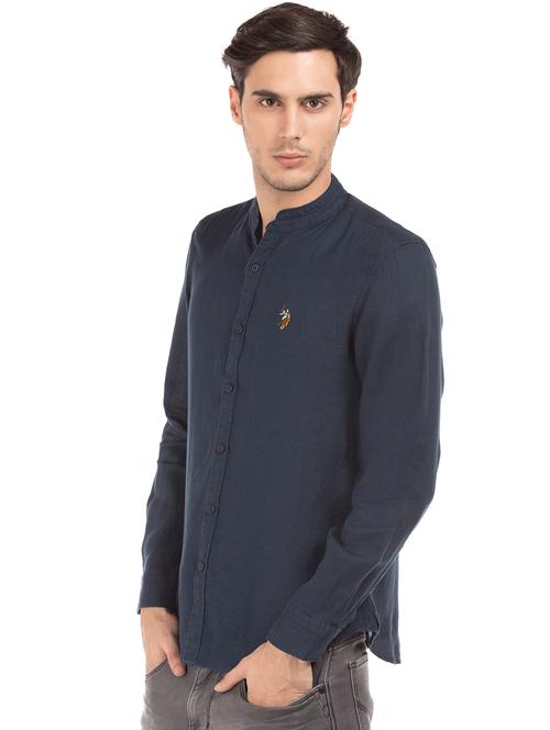 navy blue solid linen casual shirt - 17562149 - Very Small Image - 1