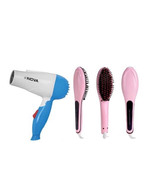 nova 1000w hair dryer & fast hair straightener brush (pink) - 17562424 - Very Small Image - 1