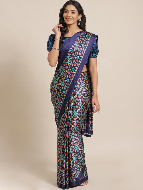 navy crepe printed saree with blouse - 17562969 - Very Small Image - 1