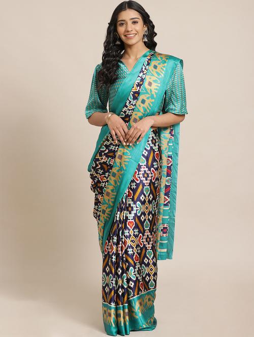 navy crepe printed saree with blouse - 17562970 - Very Small Image - 1