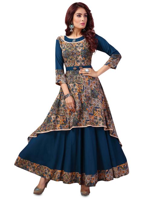 Madhuram Woman Rayon Long Flared Kurta (blue) - 17566436 - Very Small Image - 1