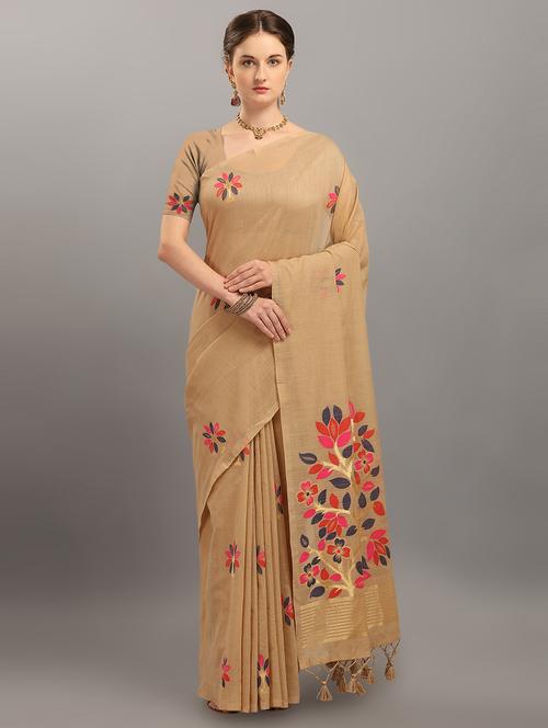 floral beige saree  with blouse - 17567924 - Very Small Image - 1