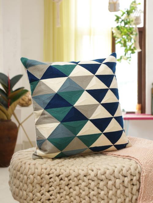 beautiful color block design hues of blue, grey & white embroidered cushion cover - 17568980 - Very Small Image - 1