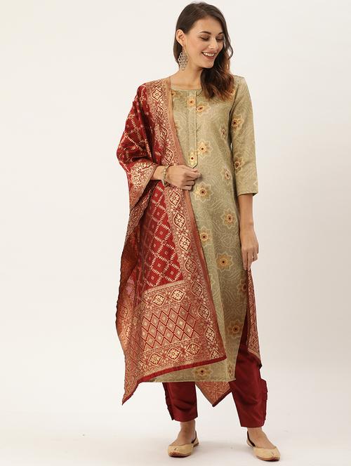 beige silk unstitched suit - 17569532 - Very Small Image - 1