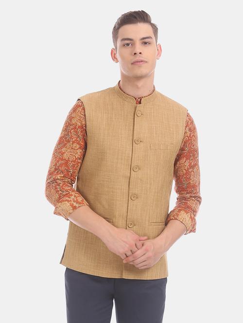 beige solid nehru jacket - 17571056 - Very Small Image - 1