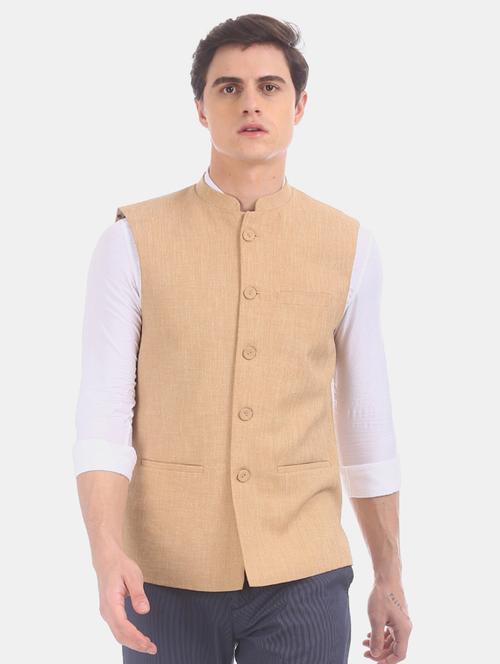 beige solid nehru jacket - 17571057 - Very Small Image - 1