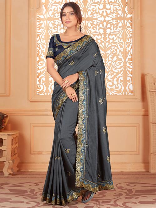 solid bordered saree with blouse - 17572981 - Very Small Image - 1