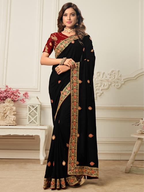 solid bordered saree with blouse - 17572990 - Very Small Image - 1