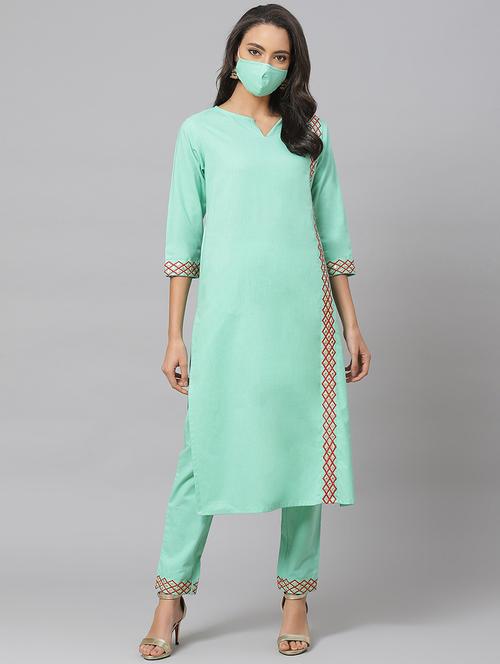 green cotton straight kurta - 17574228 - Very Small Image - 1