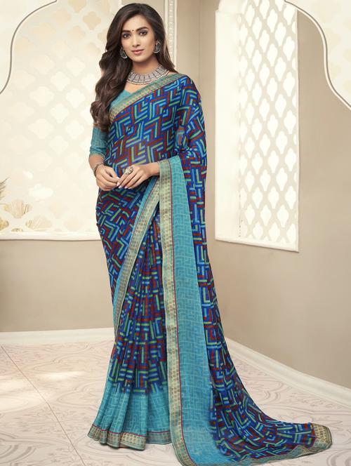 woven bordered printed saree  with blouse - 17579443 - Very Small Image - 1
