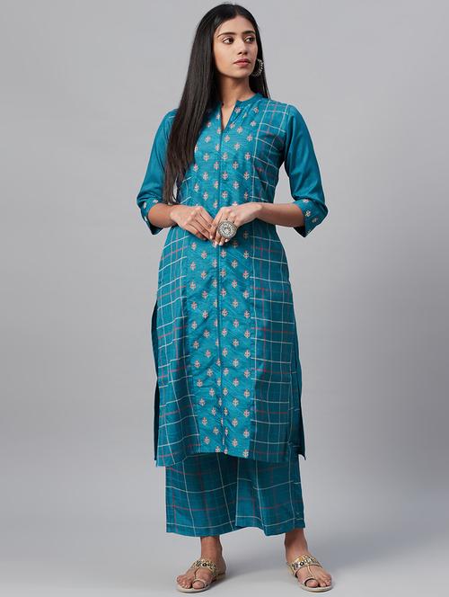 teal art silk straight kurta - 17579757 - Very Small Image - 1