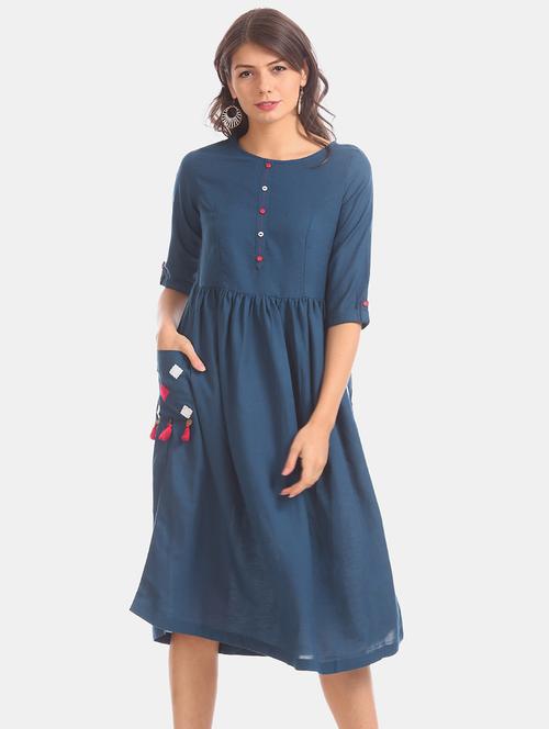 round neck gather detail a-line dress - 17580589 - Very Small Image - 1