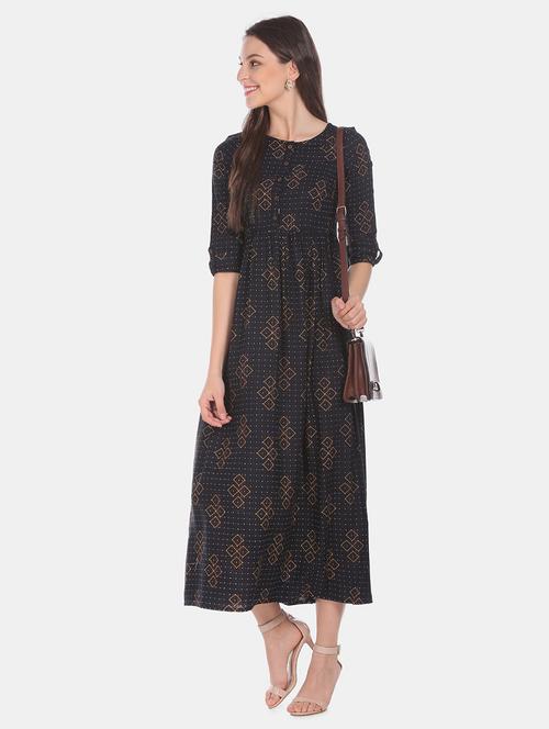 round neck printed a-line fusion dress - 17580631 - Very Small Image - 1