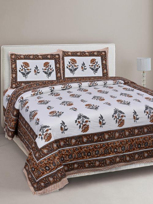 jaipurfabric cotton jaipuri double bedsheet with 2 pillow cover orange floral allure set king size/90x 108-inch - 17583299 - Very Small Image - 1