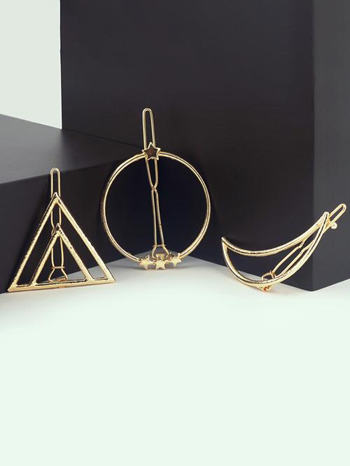 belleziya gold finish geometric shaped hair pin set, set of 3 for casual & evening wear - 17590477 - Very Small Image - 1