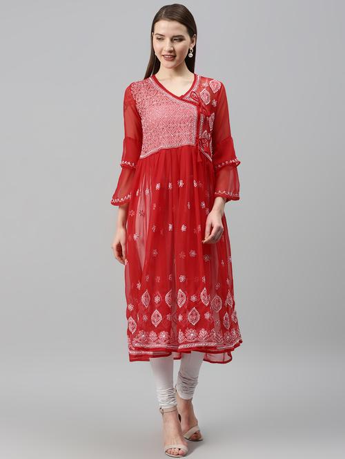 red chikankari anarkali kurta - 17594118 - Very Small Image - 1