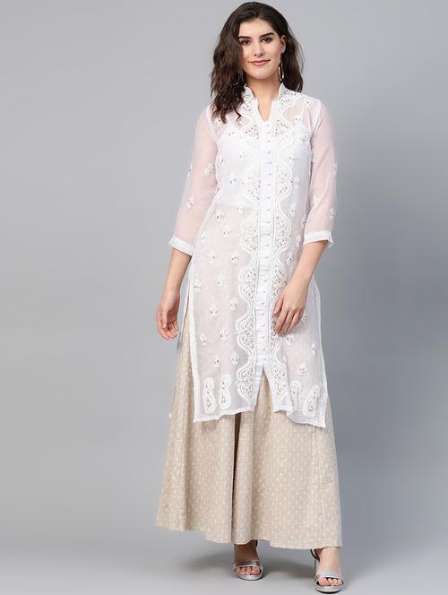 white chikankari a-line kurta - 17594142 - Very Small Image - 1