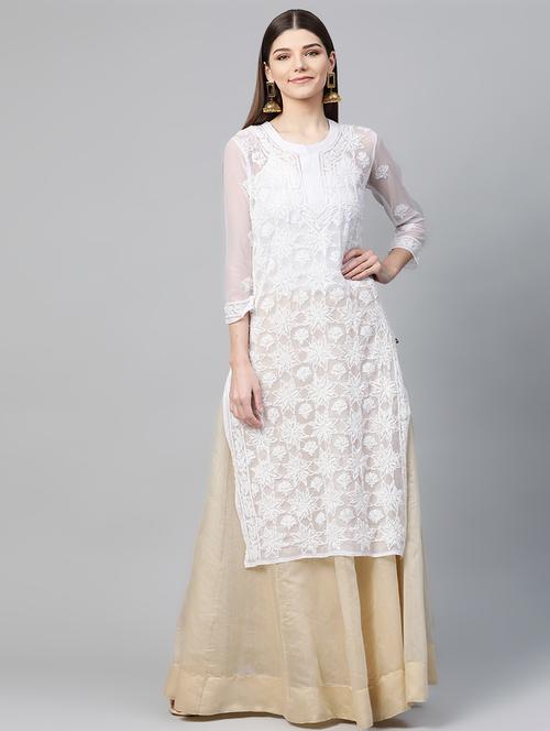 white chikankari a-line kurta - 17594166 - Very Small Image - 1