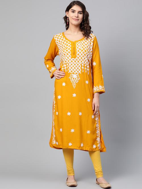 yellow chikankari a-line kurta - 17594196 - Very Small Image - 1