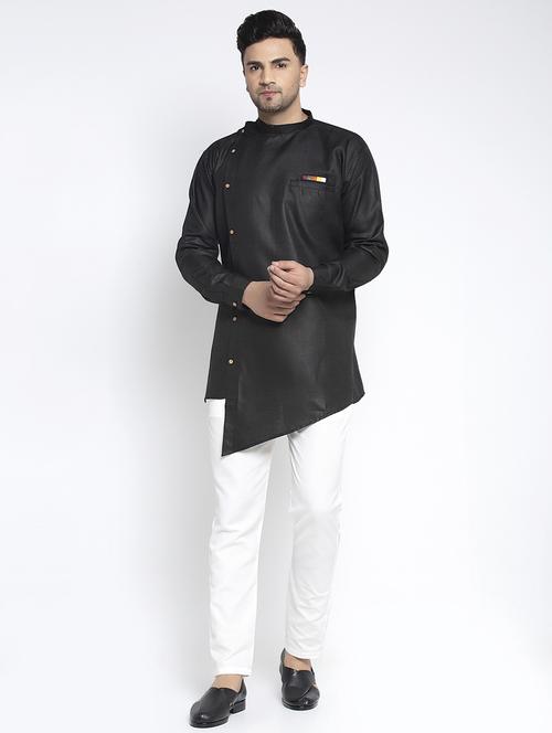 black solid asymmetric kurta pajama ethnic set - 17594258 - Very Small Image - 1