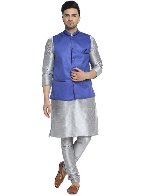silver solid kurta pajama ethnic wear set with blue nehru jacket - 17594269 - Very Small Image - 1