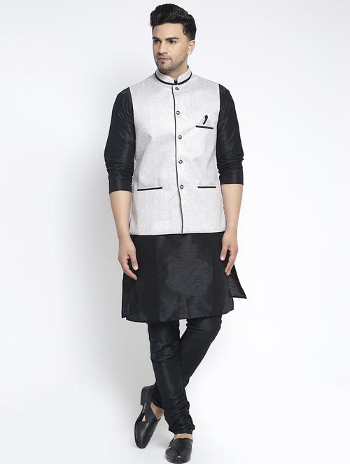 black solid kurta pajama ethnic wear set with silver nehru jacket - 17594276 - Very Small Image - 1
