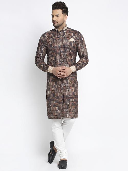 Brown Abstract Kurta Pajama Ethnic Set - 17594303 - Very Small Image - 1