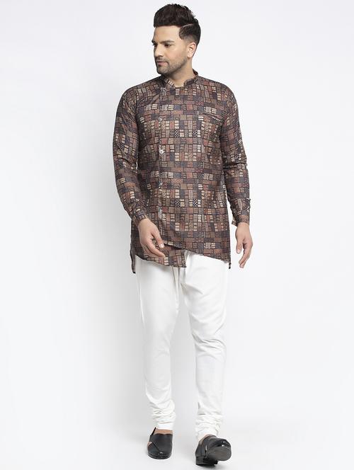 brown abstract printed asymmetric kurta pajama set - 17594313 - Very Small Image - 1