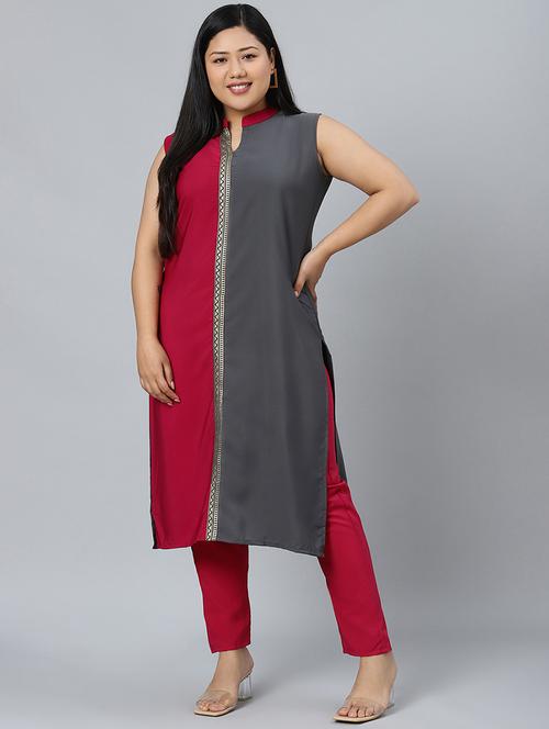 women magenta color block kurta pant set - 17594635 - Very Small Image - 1