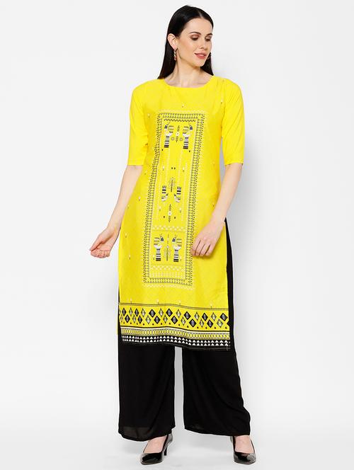 yellow printed straight kurta - 17595721 - Very Small Image - 1