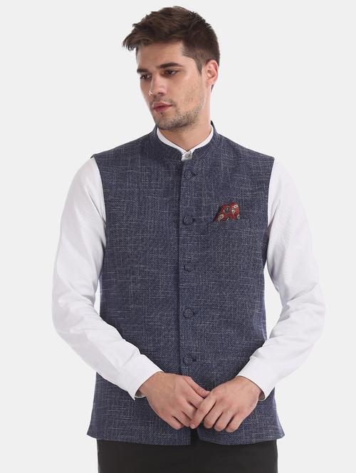 navy blue self design nehru jacket - 17597874 - Very Small Image - 1