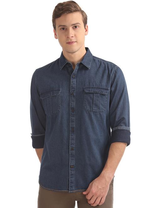 blue solid denim casual shirt - 17598059 - Very Small Image - 1