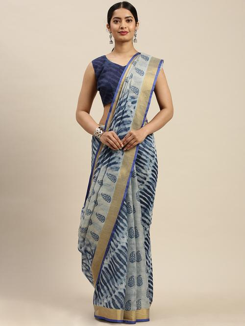 blue linen printed saree with blouse - 17599358 - Very Small Image - 1