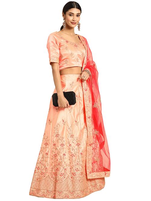 peach satin flared lehenga - 17601794 - Very Small Image - 1