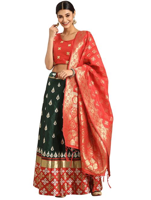 green silk flared lehenga - 17601795 - Very Small Image - 1