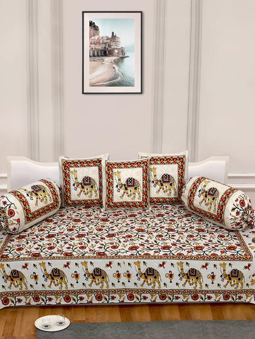 indhome life 100%cotton jaipuri print diwan set with 1single bedsheet with 3cushions covers and 2 bolster covers (pack of 6) - 17602316 - Very Small Image - 1